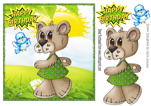 Tilly bear in her green dress taking a walk with little blue bird 8x8