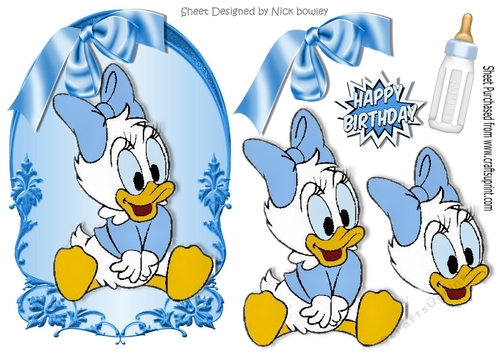 cute little baby duck with blue ribbon and bottle