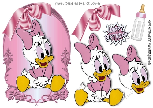 cute little baby duck with pink ribbon and bottle