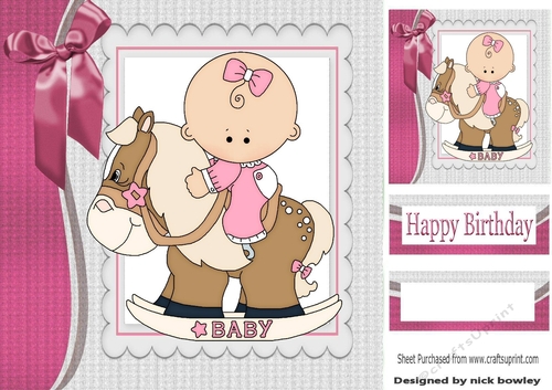 Cute baby girl on her rocking horse with bow 8X8