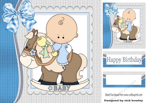 Cute baby boy on his rocking horse with Gingham bow 8X8