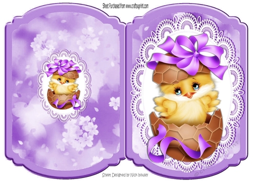 Cute little yellow chick in choc egg on lace folded card