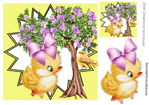little yellow chick with flower tree and little bird 8x8