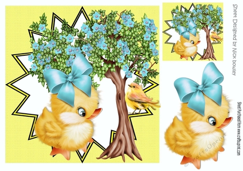 little yellow chick with blue bow flower tree and little bird 8x8