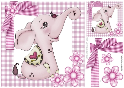 Cute pink elephant with gingham bow and ladybird 8x8
