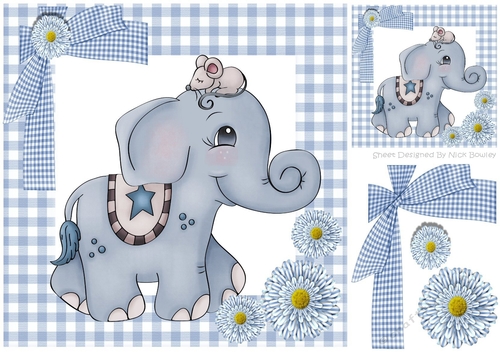 Cute blue elephant with gingham bow and little mouse 8x8