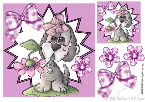 Cute puppy in funky star frame with flowers 8x8