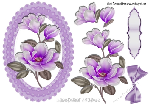 lilac magnolias with bow in oval frill frame A5