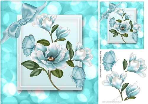 Pretty turq magnolias with butterflies & bow 8x8