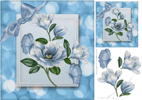 Pretty blue magnolias with butterflies & bow 8x8