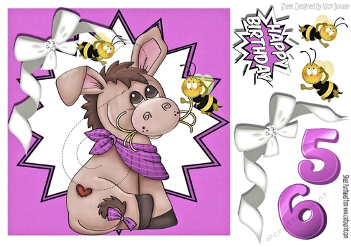 Cute little donkey with bumble bees in pink funky star frame 8x8