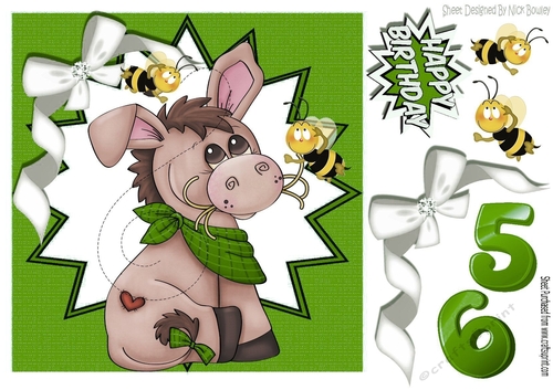 Cute little donkey with bumble bees in green funky star frame 8x8