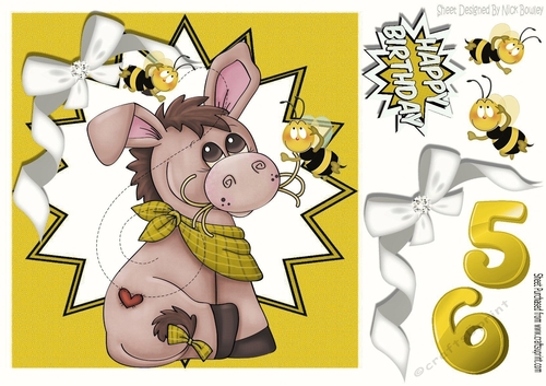 Cute little donkey with bumble bees in gold funky star frame 8x8
