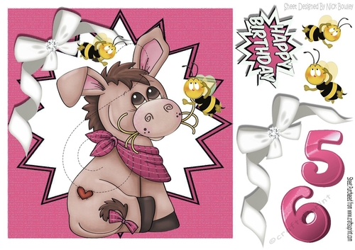 Cute little donkey with bumble bees in cerise funky star frame 8x8