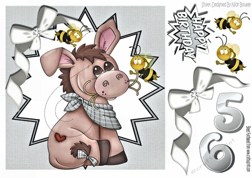 Cute little donkey with bumble bees in silver funky star frame 8x8