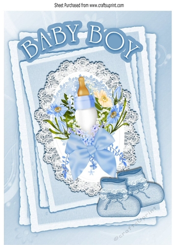 Blue for baby boy with bottle.bootees & bow on lace stackers A4