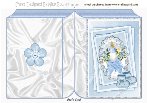 Blue for baby boy with bottle.bootees & bow on lace stackers folded book