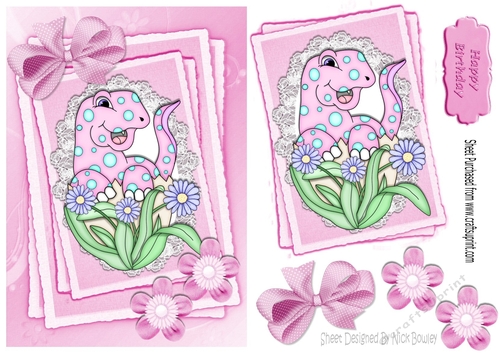 Cute pink  dino with flowers on lace stacker A5