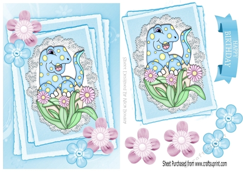 Cute blue  dino with flowers on lace stacker A5