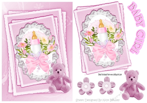 pink for baby girl with bottle.teddy & bow on lace stackers A5