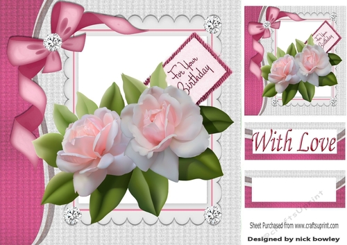beautiful pink roses and sparkle bow, 8x8