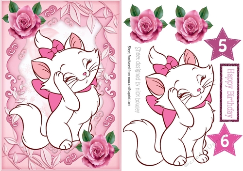 Pampered kitty in bow with pink roses A5