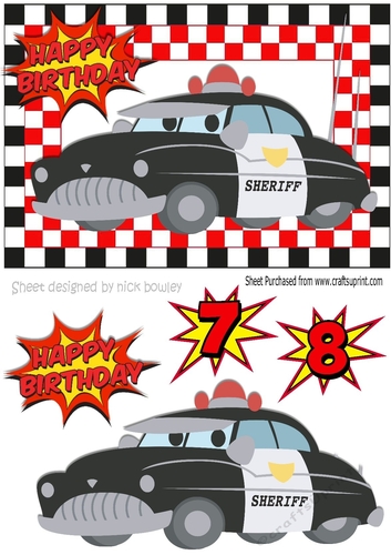 Toony sheriff/police car in check frame A5