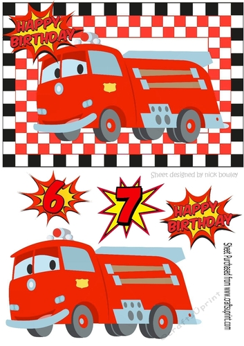 Toony big red fire engine in check frame A5
