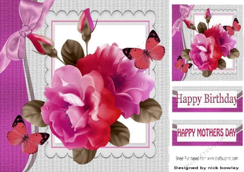 pretty shades of pink roses with butterflies and bow 8x8