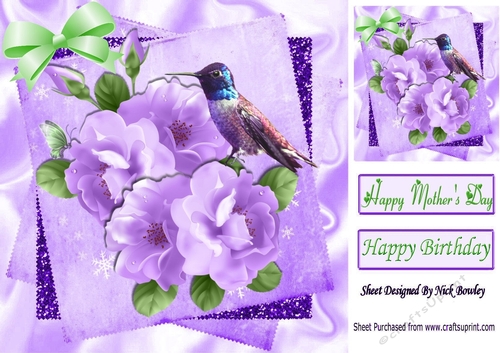 Pretty shades of purple roses with humming bird 8x8