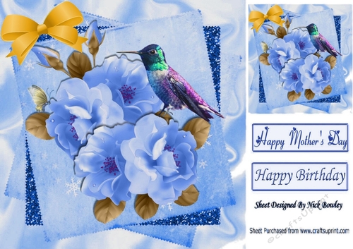 pretty shades of blue roses with butterflies and bow 8x8