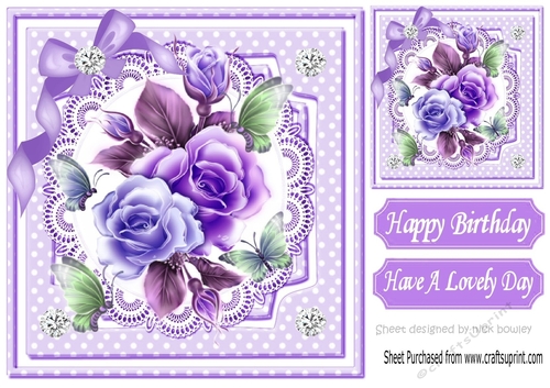 Floral purple shades on lace with butterflies and sparkle bow 8x8