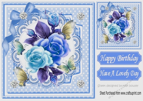 Floral blue shades on lace with butterflies and sparkle bow 8x8