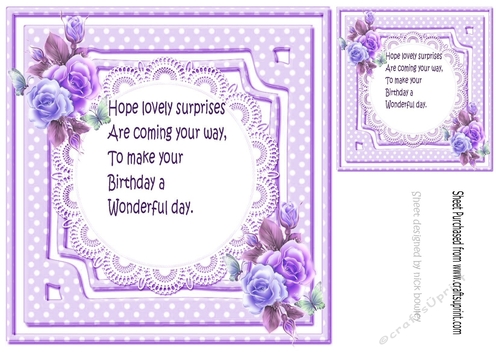 Floral purple shades on lace with butterflies and sparkle bow 8x8 Insert