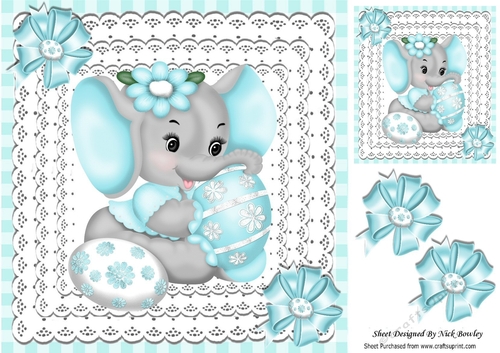 Cute little ele with easter eggs and blue bows on lace 8x8