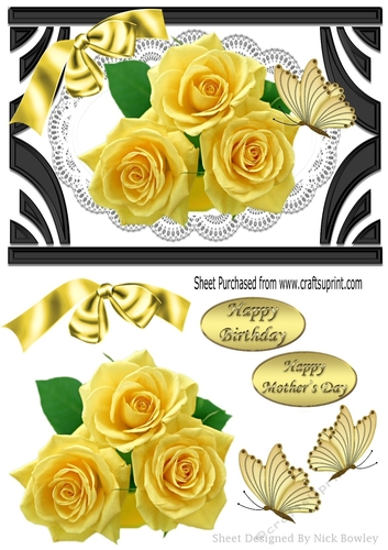 pretty yellow roses on lace in black art deco frame with bow A5