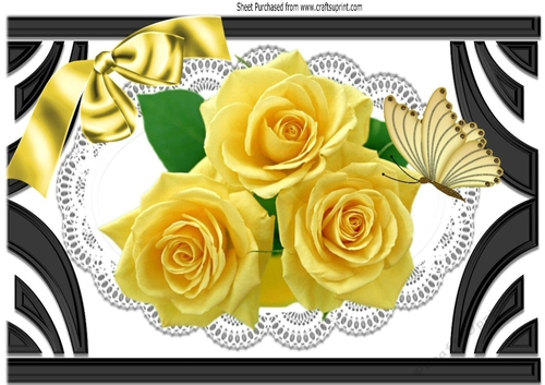 pretty yellow roses on lace in black art deco frame with bow A4
