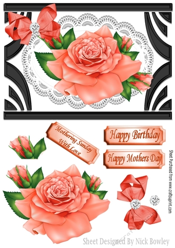 Pretty peach roses on lace in black ornate frame A5