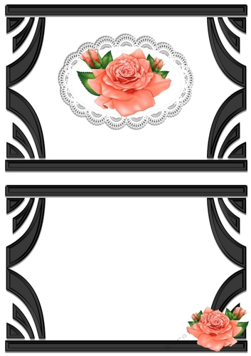 Pretty peach roses on lace in black ornate frame A5 Insert