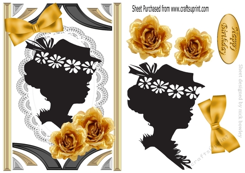 Classy silhouette lady in hat with roses on lace in ornate frame 