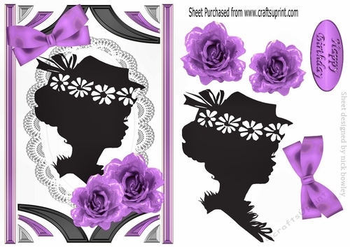Classy silhouette lady in hat with  purpleroses on lace in ornate frame