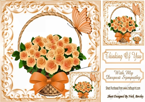Pretty peach roses in a basket, with small card and bow with sympathy 8x8