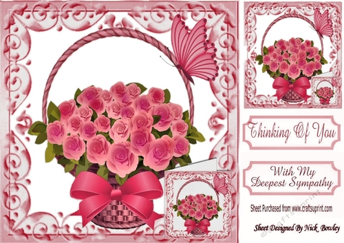Pretty pink roses roses in a basket, with small card and bow with sympathy 8x8