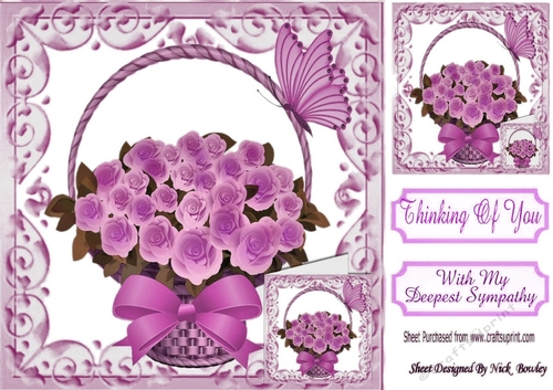 Pretty lilac roses in a basket, with small card and bow with sympathy 8x8