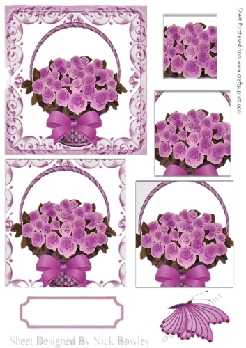 Pretty lilac roses roses in a basket, with butterfly pyramids