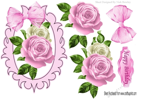 pretty pink/white roses with organza bow in ornate frame