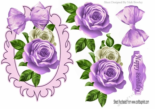 pretty lilac/white roses with organza bow in ornate frame