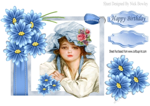 pretty vintage lady in bonnet with blue flowers