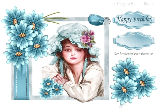 pretty vintage lady in bonnet with turq flowers
