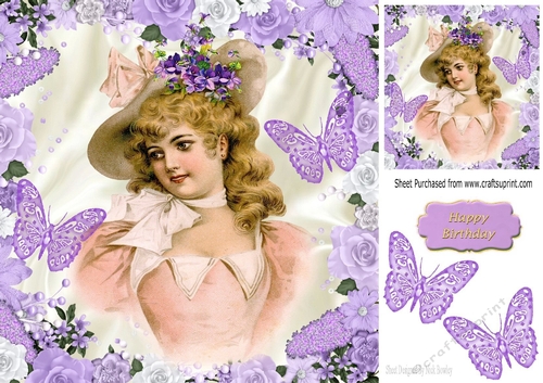 pretty vintage lady in flower hat with butterflies 8x8